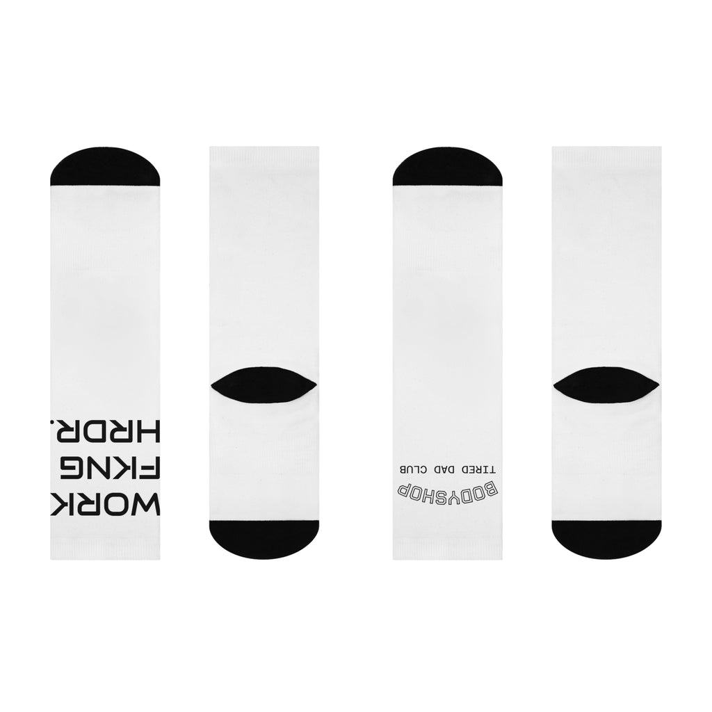 Cushioned Crew Socks — 'WRK FKNG HRDR.' Bold Text Athletic Socks for Tired Dads