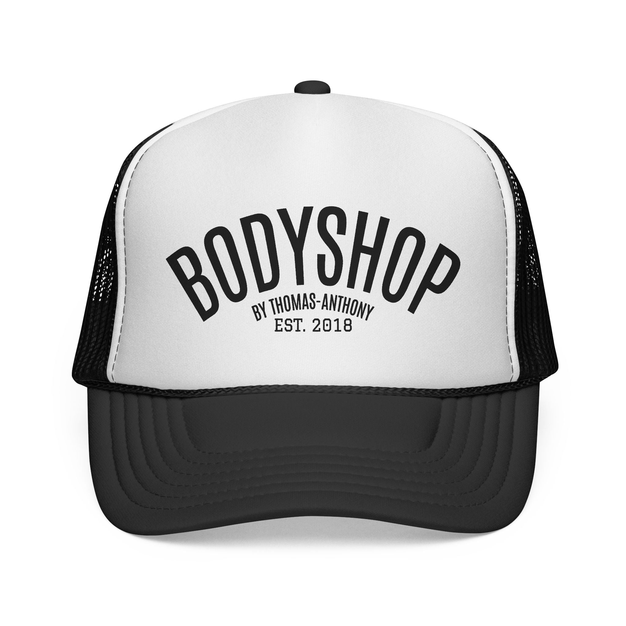 Bodyshop Trucker Cap – Vintage Arched Logo Mesh Hat (Est. 2018)