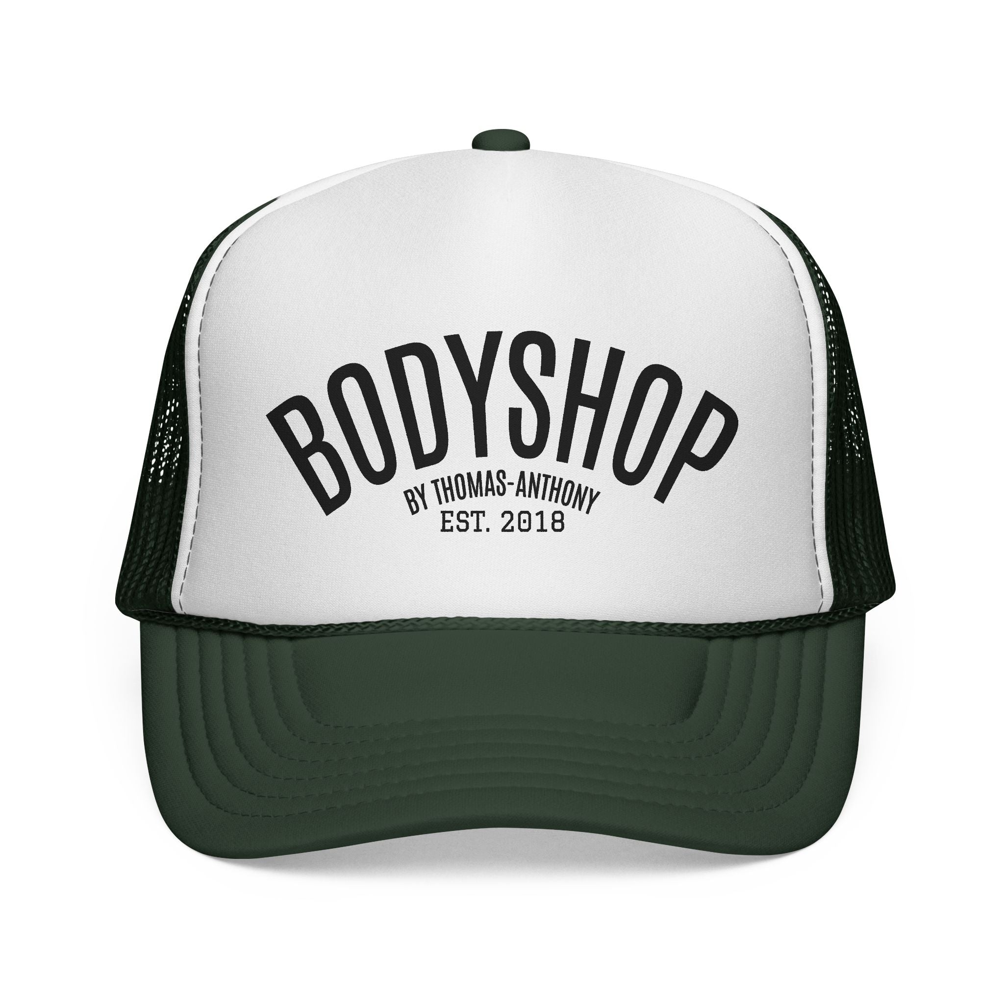 Bodyshop Trucker Cap – Vintage Arched Logo Mesh Hat (Est. 2018)