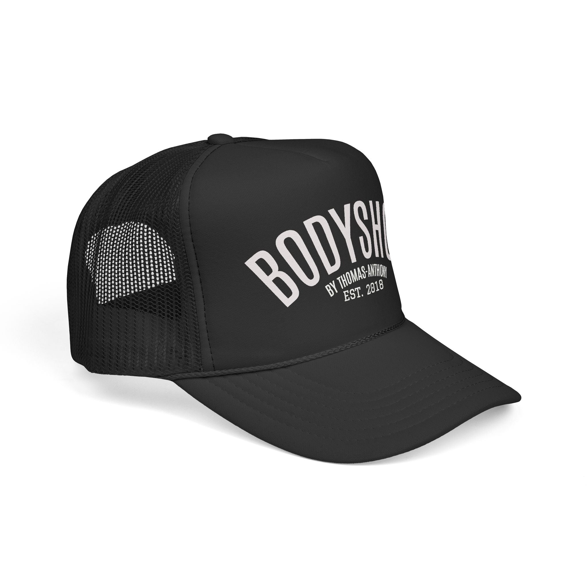 Bodyshop Trucker Cap – Vintage Arched Logo Mesh Hat (Est. 2018)