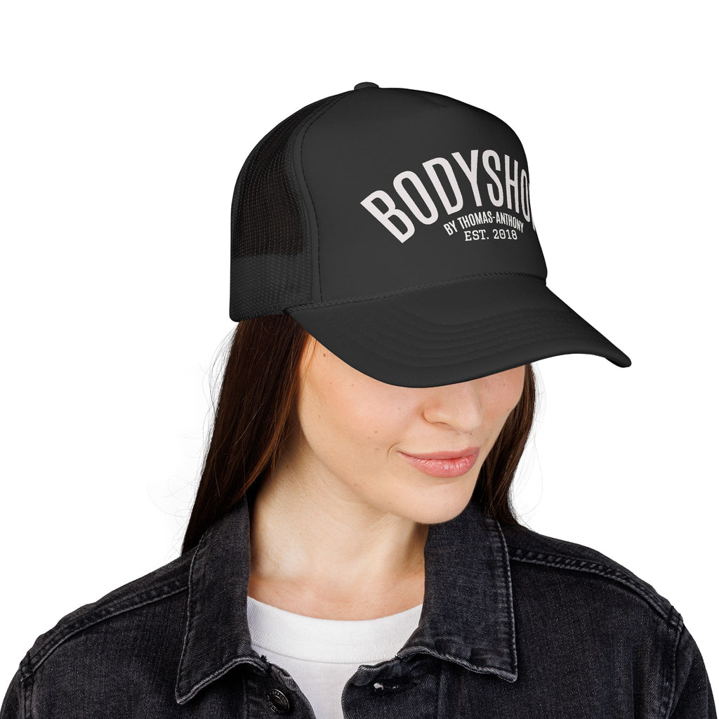Bodyshop Trucker Cap – Vintage Arched Logo Mesh Hat (Est. 2018)