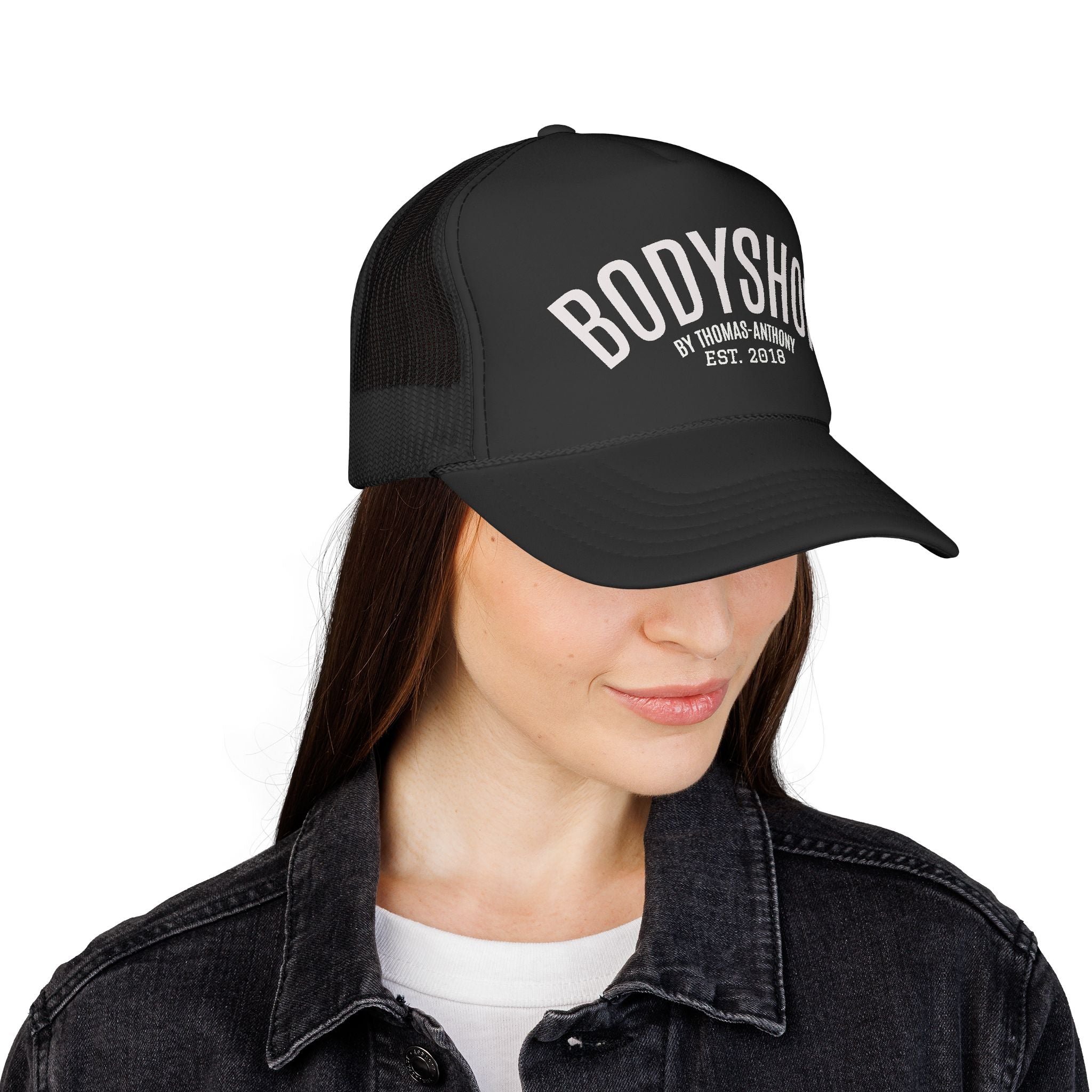 Bodyshop Trucker Cap – Vintage Arched Logo Mesh Hat (Est. 2018)