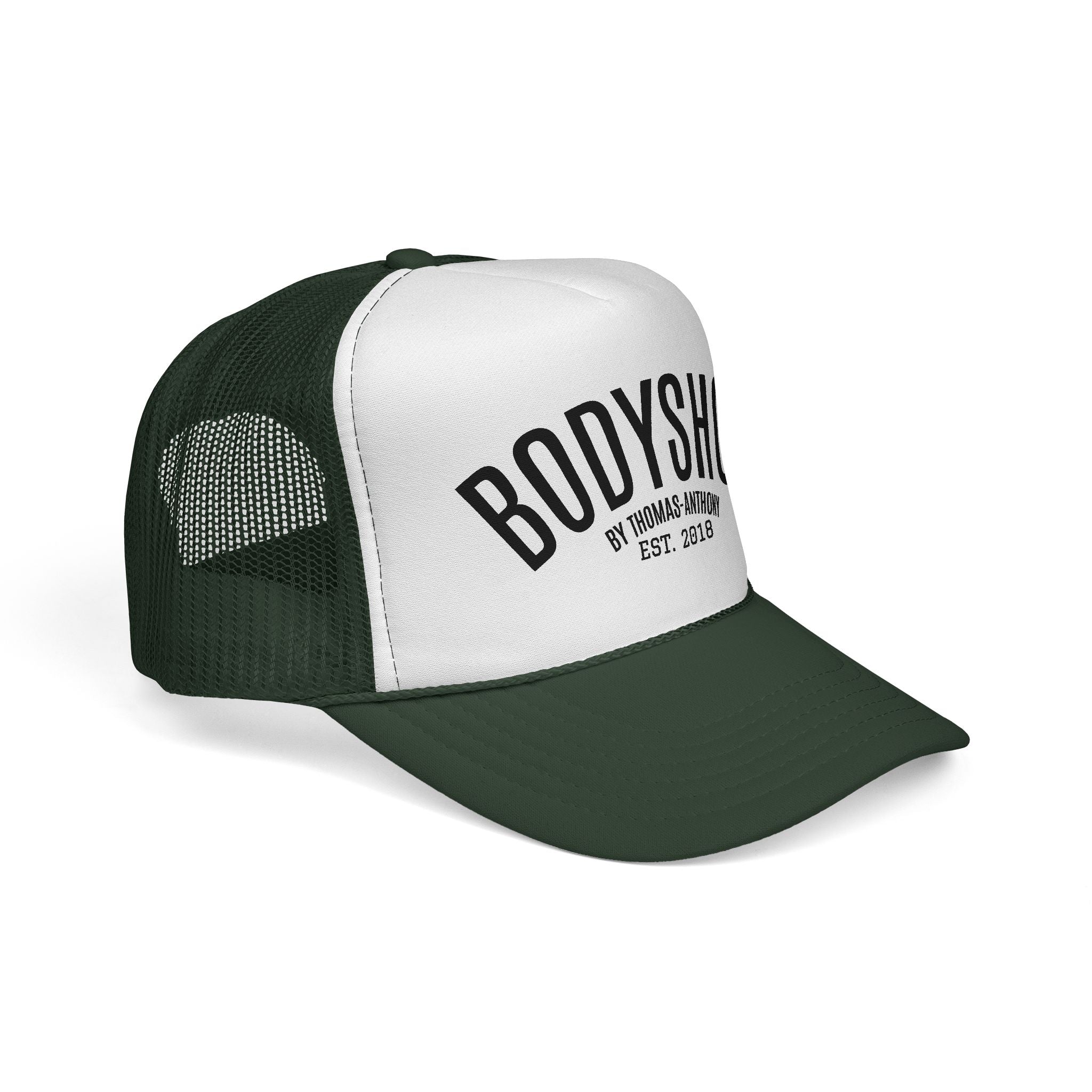 Bodyshop Trucker Cap – Vintage Arched Logo Mesh Hat (Est. 2018)