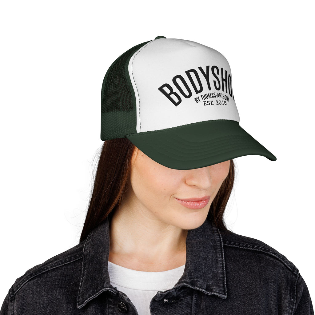 Bodyshop Trucker Cap – Vintage Arched Logo Mesh Hat (Est. 2018)